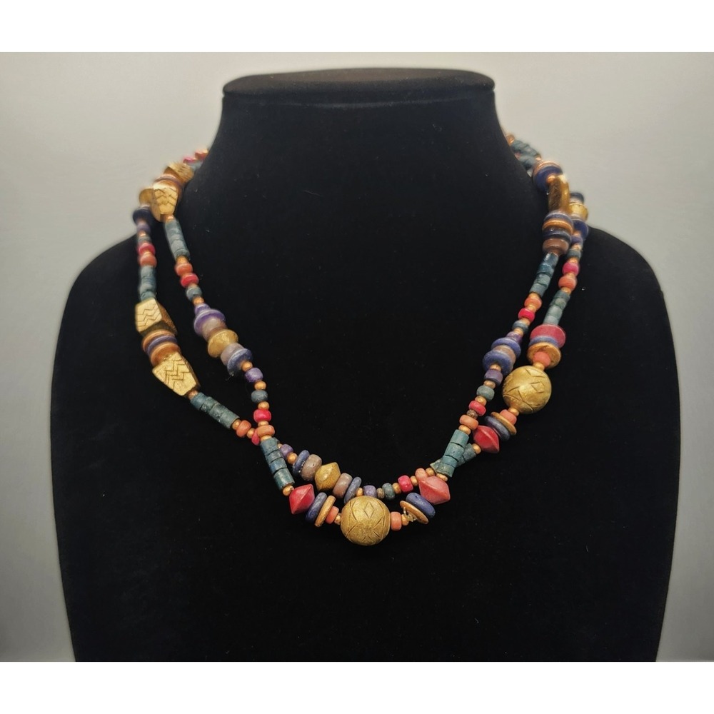 Long Beaded Necklace Multi-Color Boho Ethnic Wood Metallic Tribal Accent India